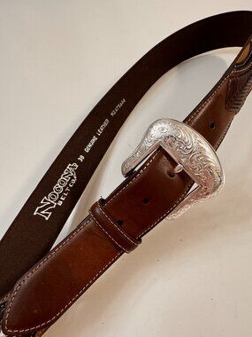 Nocona Belt Co. Brown Leather Western Belt  Overlay Silver Buckle Size 38
